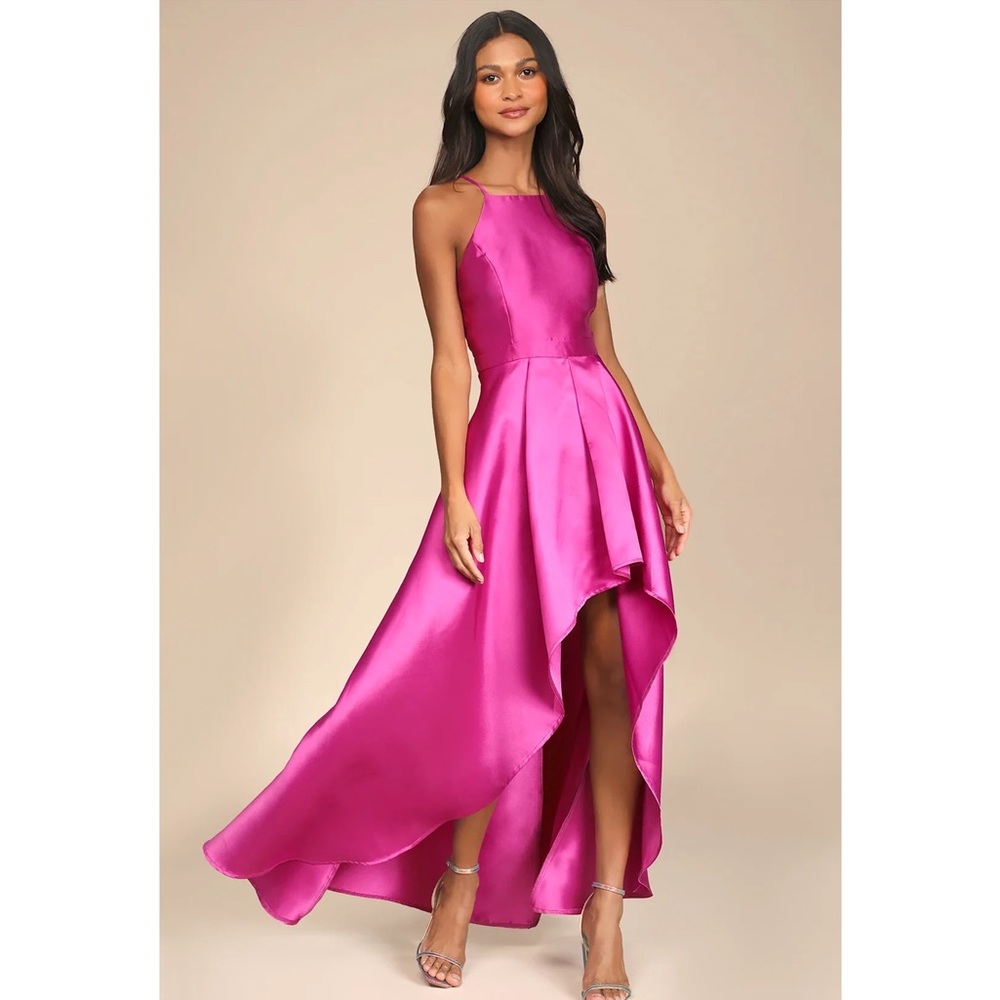 Lulus Broadway Show Magenta High-Low Woven Taffeta Sheen Pockets Dress NWT XL
